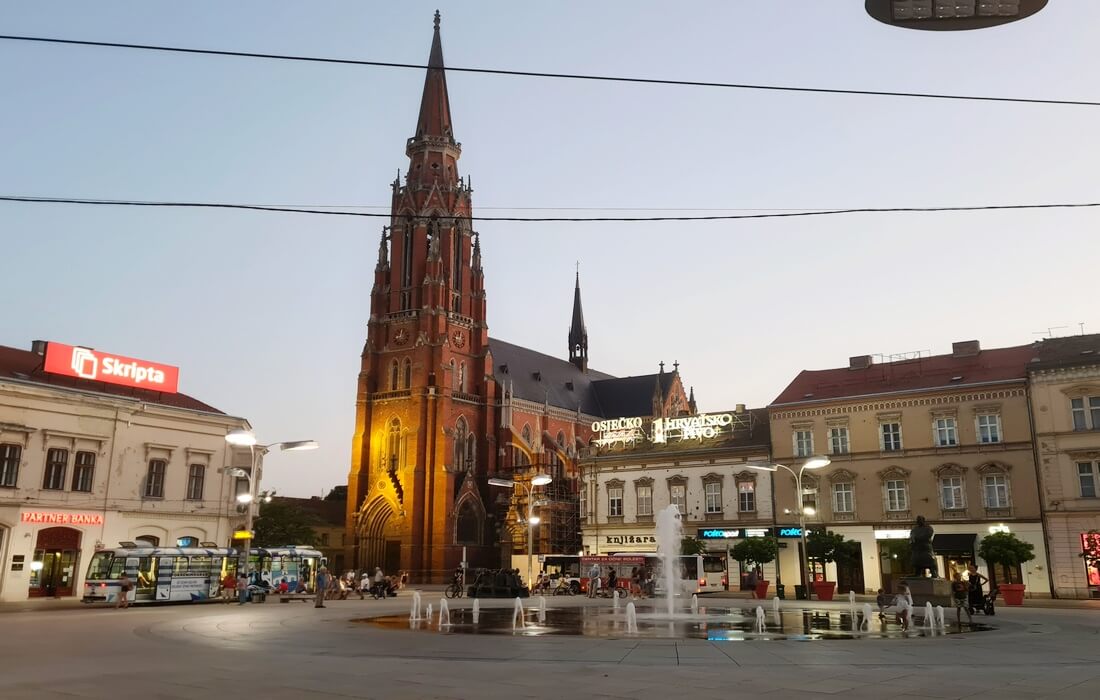 A monumental neo-Gothic church in Osijek, Croatia, famous for its towering 94-meter spire